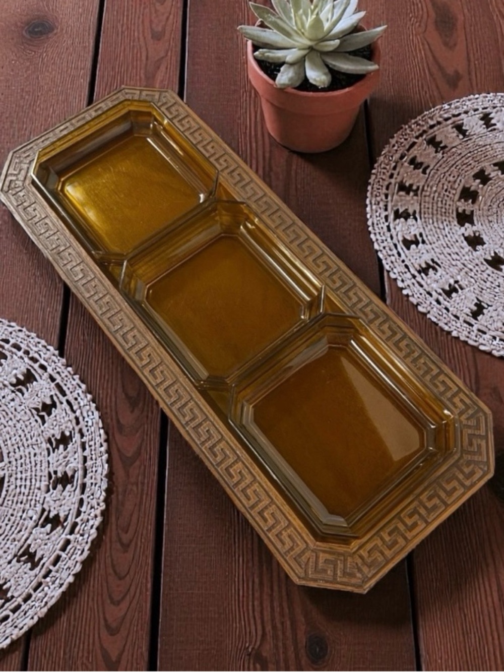 1970’s Thermo-Serve Westwood Relish Tray Faux Wood Amber Inserts Greek Key Trim